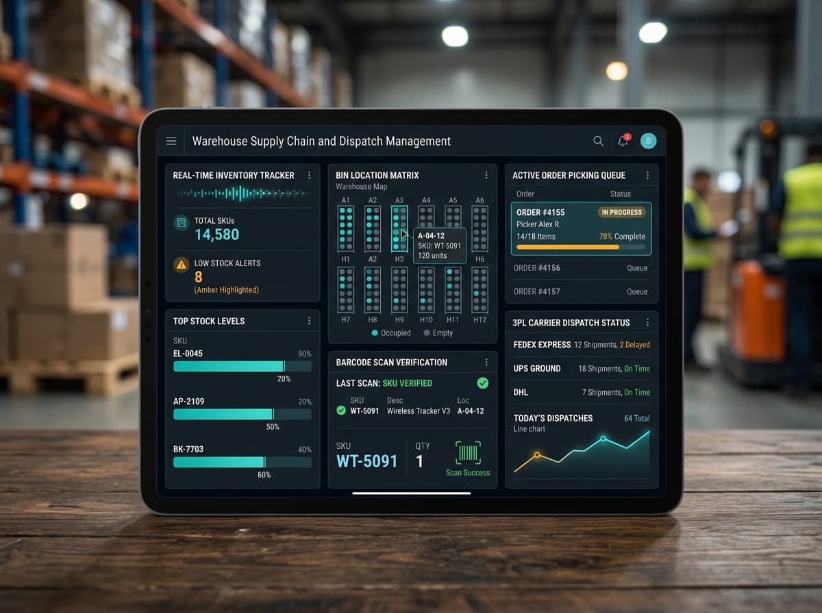 Warehouse Supply Chain and Barcode Packing Management Dashboard UI