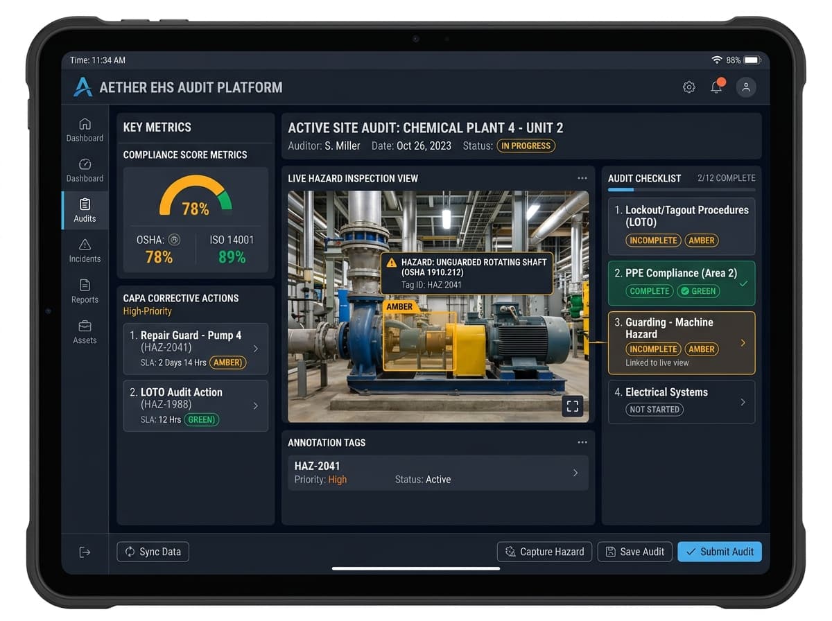 Aether EHS Safety Audit Tablet and Compliance Dashboard UI