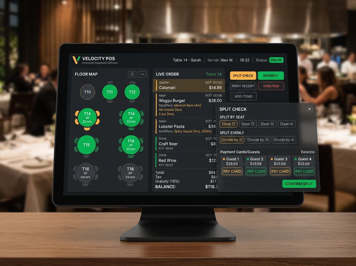 Velocity Restaurant Desktop POS Terminal and Split-Bill UI